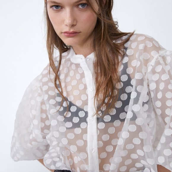 Zara POLKA DOT ORGANZA TOP-white-7385/155 - Picture 7 of 8